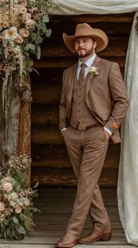 Men’s Light Brown Western 3 Piece Suit – Classic Country Style Blazer Vest Pants Set, Formal Cowboy Suit Toast