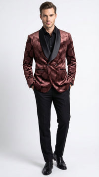 Mens Rust Copper Brick color Floral Jacquard Pasiley Blazer – Pattern Dinner Jacket with Black Shawl Lapel for Formal dinners and Wedding