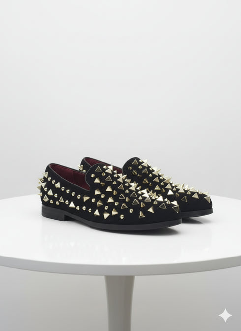 Men’s Studded Velvet Loafers – Designer Party and Prom Dress Shoes with Gold and Silver Spikes
