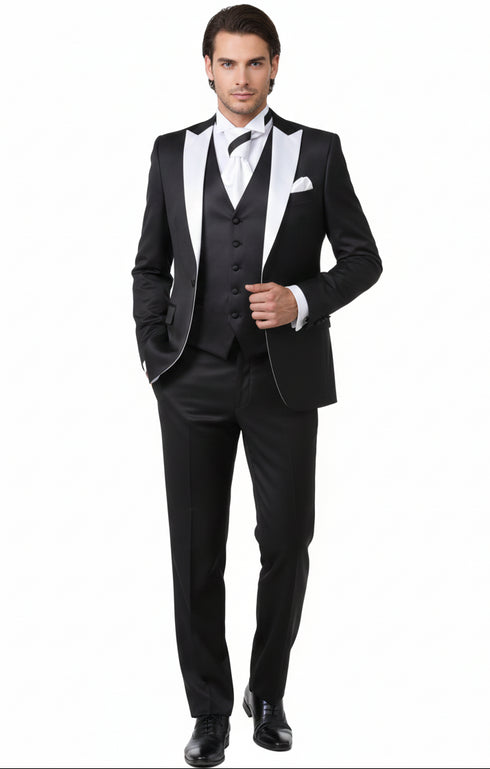 Men’s Black and White Lapel Prom Tuxedo Suit + Black Vest + Black Pants Peak Lapel