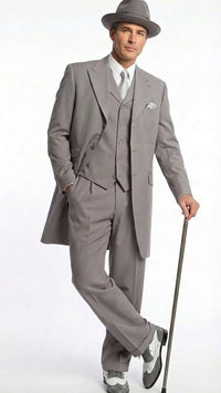 Men’s Gray Zoot Suit with Matching Hat and 1920s Shoes | Grey Vintage Wedding and Party Three Piece Suit