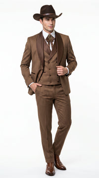 Men’s Brown Pinstripe Western Cowboy Tuxedo, Contrast Shawl Lapel Formal Suit for Weddings, Prom, Parties, and Special Occasions