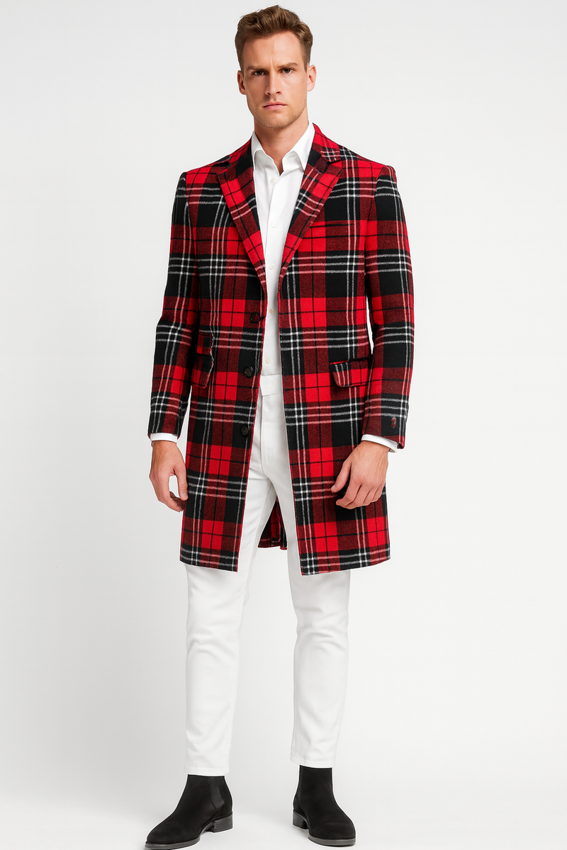 Men's Red Plaid Wool Overcoat – Classic Tartan Check Long Coat for