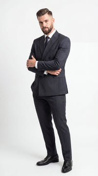 Men’s Black Pinstripe Double Breasted Suit – Classic Formal Business Suit Office and Evening Wear Modern Fit Conservative pattern