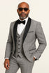 Men's Black and White Plaid Tuxedo – 3 Piece Suit with Black Velvet Shawl Lapel - Gray Glein Tartan Pattern Wedding Suit