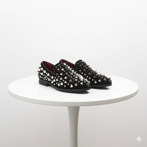 Men’s Black Studded Loafers with Silver Spikes – Luxury Slip-On Dress Shoes for Parties and Formal Events