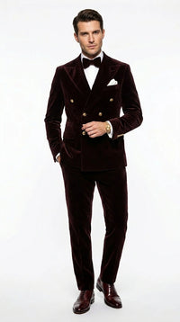 Men’s Dark Brown Velvet Blazer and Pants 2 Piece Suit, Double Breasted Formal Dinner Suit for Weddings, Prom