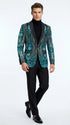 Men’s Black and Turquoise Blue With teal green Sequin Dinner Jacket, Formal Prom Wedding Paisley Floral Mardi Gra Pattern