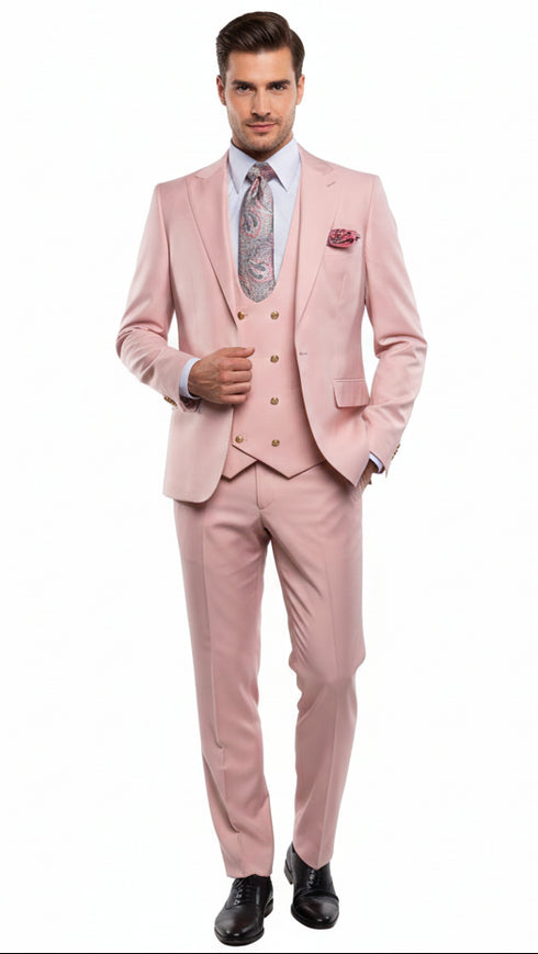 Men’s Blush Pink and Gold Three-Piece Suit – Tailored Fit Formal Wedding, Vested Suit By Rossiman