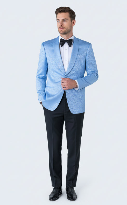 Men’s Light Blue Paisley Tuxedo Jacket – Elegant Satin Shawl Lapel Dinner Blazer for Weddings, Proms in Sky Powder Blue Color Bowtie