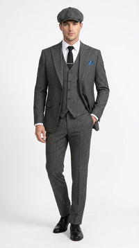Men’s Thomas Shelby Peaky Blinders Gray Wool Suit Out fit Charcoal Grey Pinstripe 3-Piece Vintage 1920s Suit
