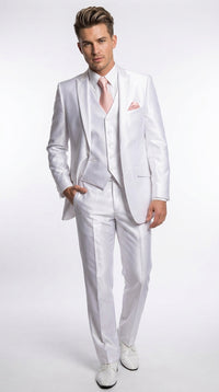 Men’s Shiny White Sateen 3 Piece Suit – Wedding Prom Formal Suit with Vest