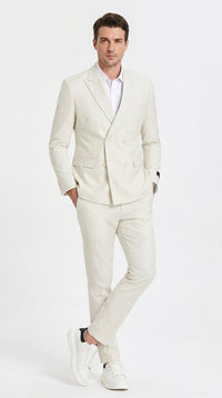 Men’s Ivory Cream Double-Breasted Linen Suit – Off-White Summer Wedding Slim Fitted 2-Piece Suit Cream Color