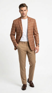 Vitali Men’s Rust Copper Brown Plaid Blazer with Tan Pants – Classic Windowpane, Business and Smart-Casual Birck color Suit