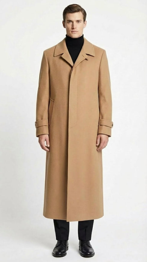 Men’s Full-Length Camel Overcoat – Classic Long Microfiber-Blend Coat for Winter and Formal Wear Maxi Duster Coat