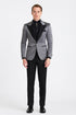 Silver Metallic Tuxedo Suit with Black Satin Peak Lapel – Mens Slim Fit Formal Wedding and Prom Attire in Charcoal Grey With Pants