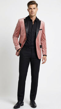 Men’s Dusty Rose Pink Velvet Blazer with Black Satin Lapel | Formal Sport Coat in Mauve Color + Bowtie