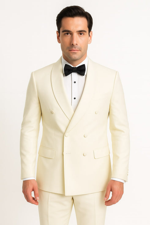 Mens Off-White Double Breasted Tuxedo Jacket with Shawl Lapel | Formal Wedding Suit in Ivory Cream Color