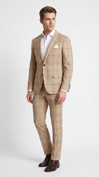 Beige Tan Plaid windowpane Two Piece Suit for Men | Classic Checkered Formal Suit with Jacket and Pants by Rossiman