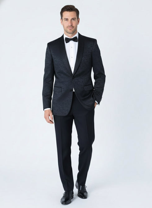 Men’s Black Textured Paisley floral Tuxedo Suit – Premium Slim Fit Formal Wedding, Prom, with Bowtie