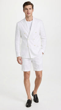 Men’s White Summer Suit with Shorts, 2 Piece Linen Style Wedding Beach Short Suit Set double breasted style