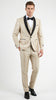 Men’s Champagne Beige Shiny Tuxedo 3 Piece Suit with Black Shawl Lapel | Formal Wedding Prom Suit Set in Sand Light Tan Color