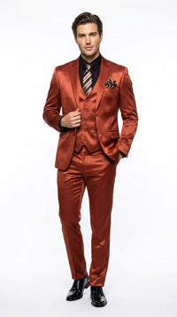 Men’s Rust Copper Coganc Shiny Sateen 3 Piece Suit, Vested Formal Wedding Prom Suit Set Ultra Slim Fit
