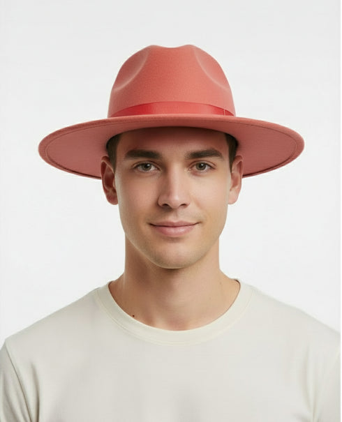 Men’s Coral Pink Wide Brim Fedora Hat – Wool Felt Dress Hat with Red Ribbon Band