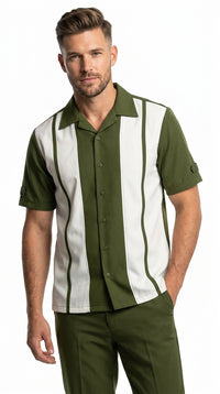 Men’s Olive Green and White Walking Suit – 2-Piece Short Sleeve Casual Leisure Outfit