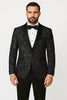 Mens Navy Black Glitter Floral Tuxedo Dinner Jacket with Satin Lapel- Blue Blazer Sequin Fabric