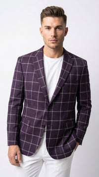 Men's Purple Windowpane Sport Coat – Classic Fit Plaid Blazer Jacket for Business, Wedding & Casual Wear