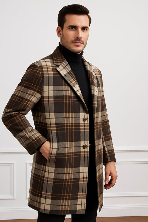 Plaid Wool Overcoat – Brown & Camel Mixed Color Topcoat