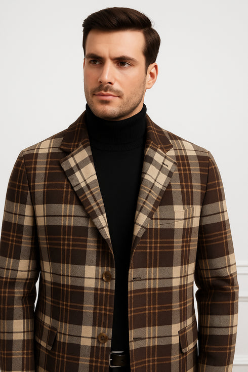 Plaid Wool Overcoat – Brown & Camel Mixed Color Topcoat