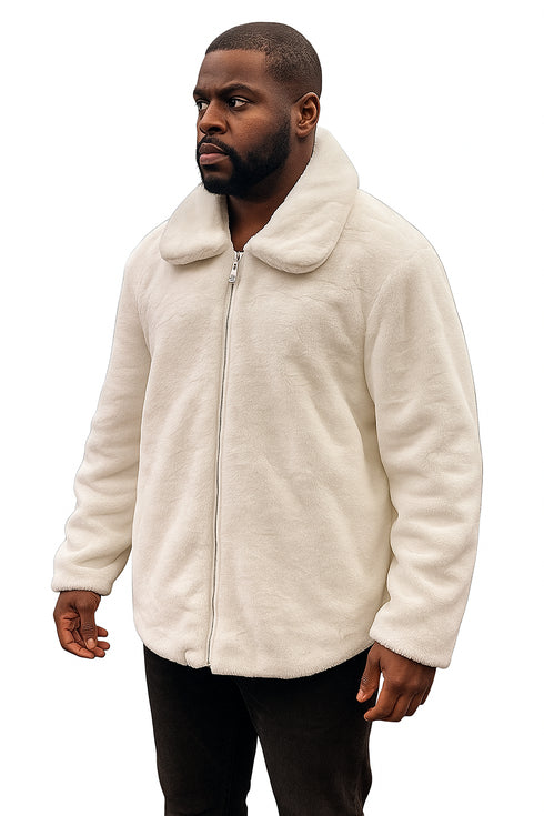 Men's White Fur Short Coat – Single Breasted, Full Zip, Regular Fit