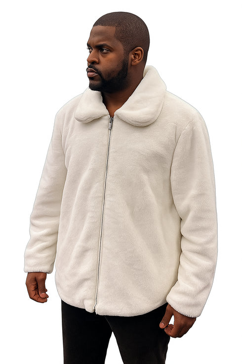Men's White Fur Short Coat – Single Breasted, Full Zip, Regular Fit