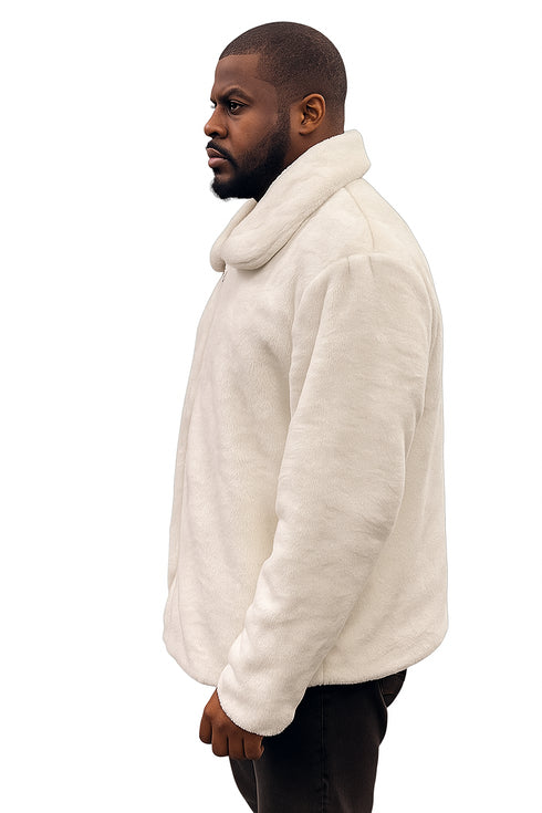 Men's White Fur Short Coat – Single Breasted, Full Zip, Regular Fit