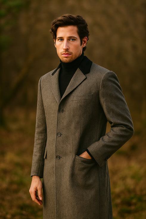 Herringbone Wool & Cashmere Chesterfield Overcoat – 1920s Full Length