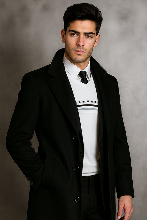 Men's Black Wool Overcoat – Big & Tall Dress Topcoat in Dark Color