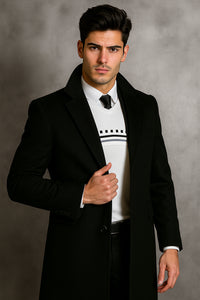 Men's Black Wool Overcoat – Big & Tall Dress Topcoat in Dark Color