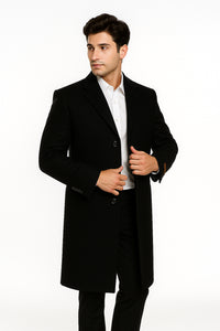 Men's Black Wool Overcoat – 3 Button Ankle Length Winter Dress Coat