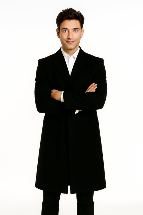 Men's Black Wool Overcoat – 3 Button Ankle Length Winter Dress Coat