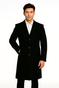 Men's Black Wool Overcoat – 3 Button Ankle Length Winter Dress Coat