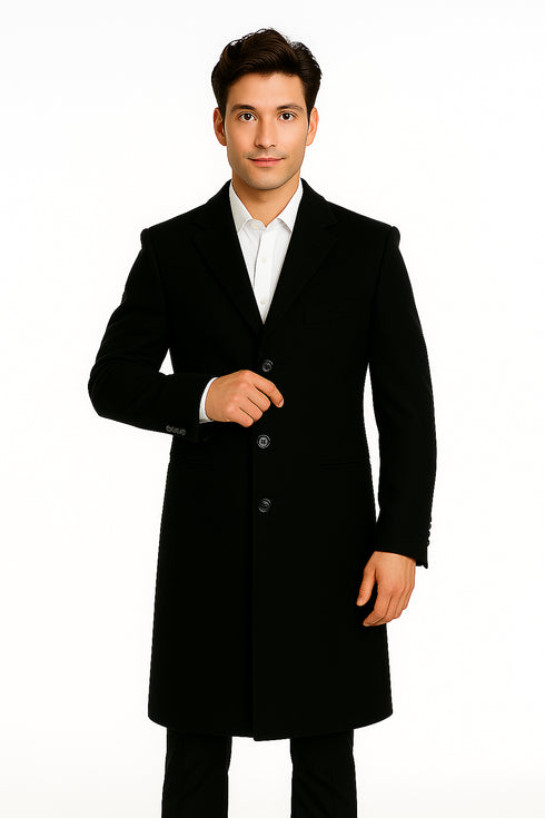 Men's Black Wool Overcoat – 3 Button Ankle Length Winter Dress Coat