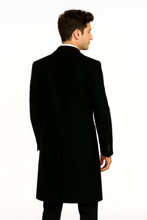 Men's Black Wool Overcoat – 3 Button Ankle Length Winter Dress Coat