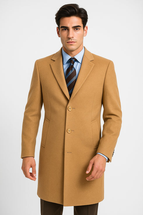Men's Camel Wool & Cashmere Overcoat – Classic Full Length Topcoat