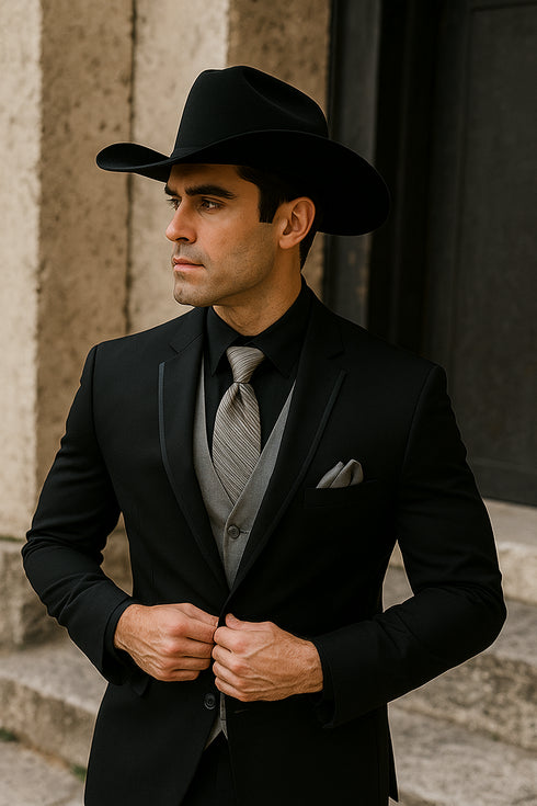 Men’s Black Western Tuxedo with Silver Vest & Cowboy Hat – Slim Fit