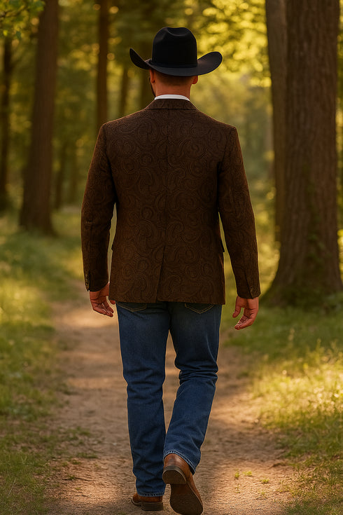 Mens Western Blazer - Paisley Pattern Cowboy Tuxedo Jacket in Color Brown