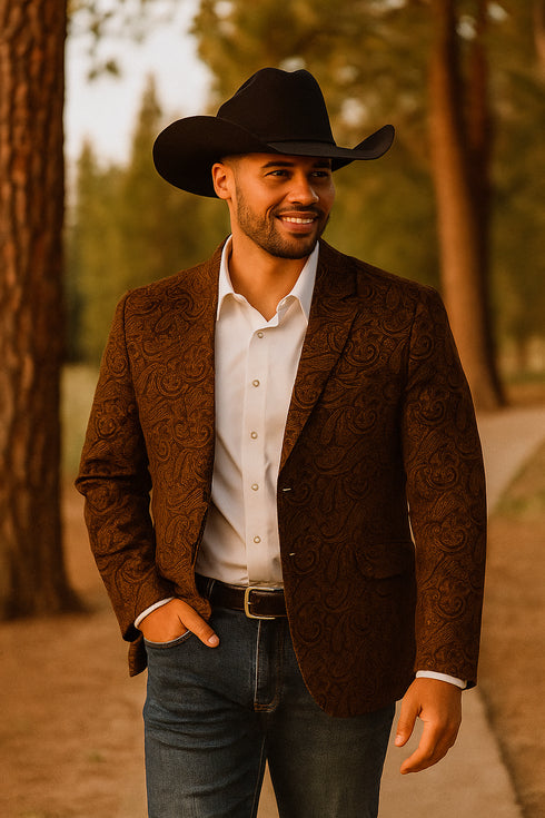 Mens Western Blazer - Paisley Pattern Cowboy Tuxedo Jacket in Color Copper