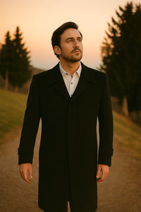 Black 100% Plush MicroFiber Dress Trench Top Long Coat - Mens Topcoat - Mens Overcoat