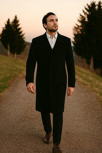 Black 100% Plush MicroFiber Dress Trench Top Long Coat - Mens Topcoat - Mens Overcoat